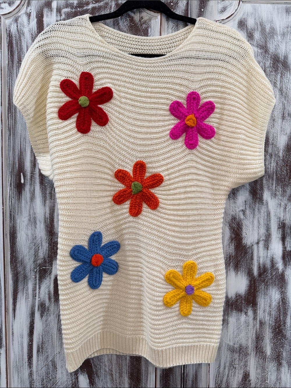 Cream Flower-Appliqué Knit Sweater - Multicolor Floral Accents